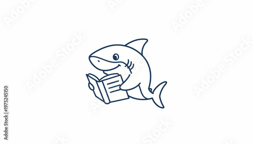 Cute cartoon shark reading a book, educational concept, simple line art illustration