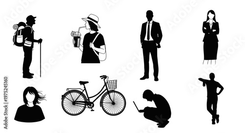 Black and White Silhouettes of People and Bicycle, Minimalist Style
