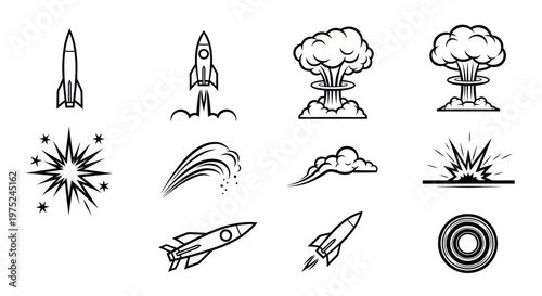 Space Rockets, Explosions and Stars Black and White Line Art Icons