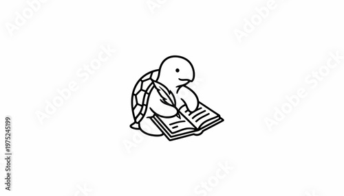 Cute cartoon turtle reading a book, simple black and white line drawing, educational concept