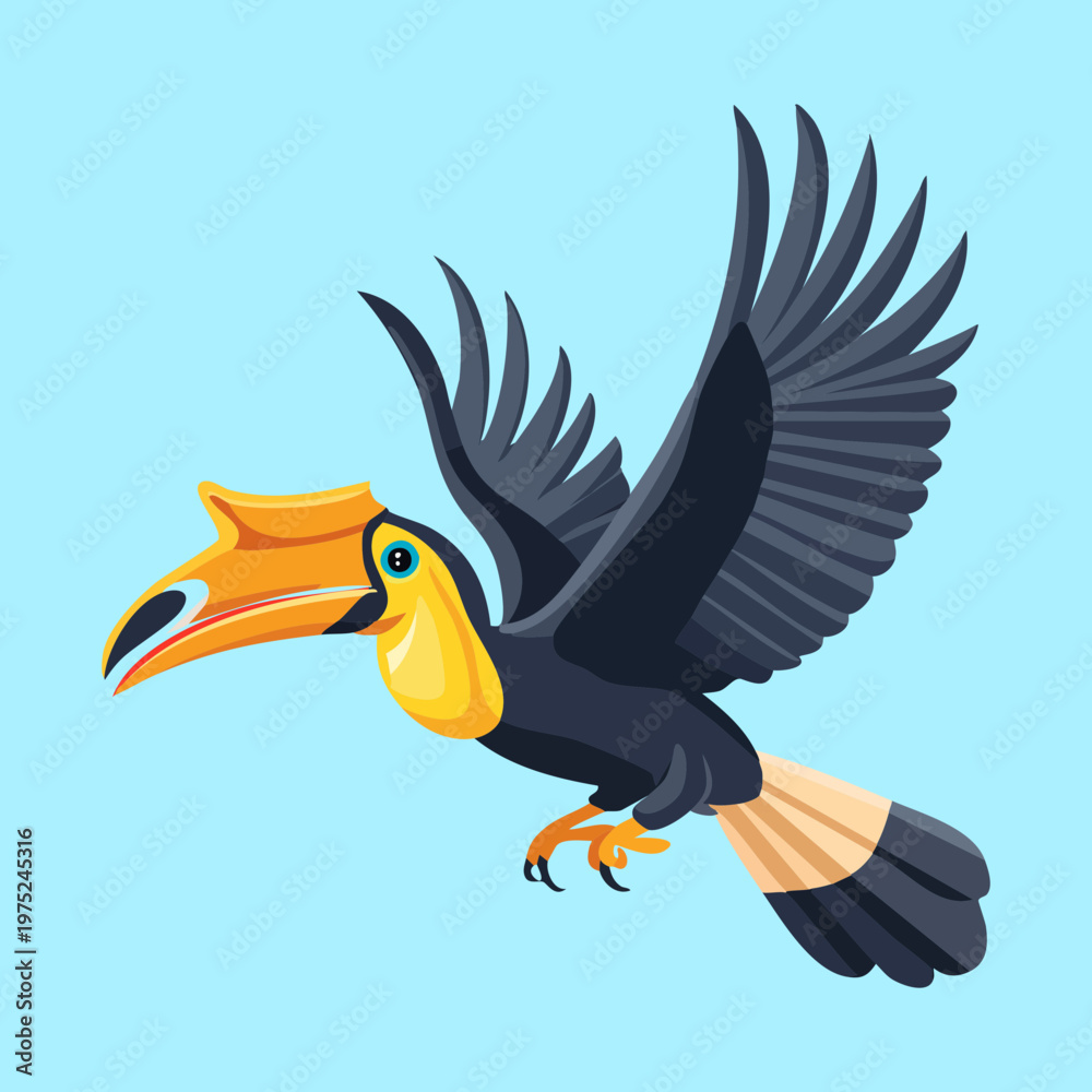 Fototapeta premium Dark blue bird in flight with wings fully extended and orange beak details in a sleek and professional wildlife vector art illustration