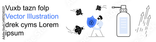 Pest control, personal protection, hygiene, insect repellent, safety, health. A man holding a shield faces insects with a spray bottle nearby. Pest control and personal protection concept