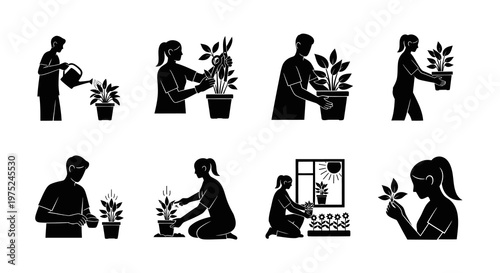Gardening and Plant Care Glyph Icons Set. People Watering, Pruning, Potting, and Tending Houseplants.