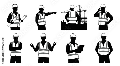 Construction Industry Workers Black  White Silhouette Vector Icons Set