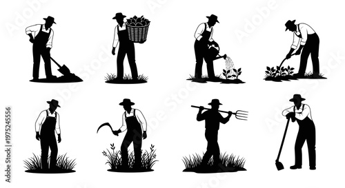 Black  White Glyph Vector Set: Farmers Working in Agriculture with Tools Collection