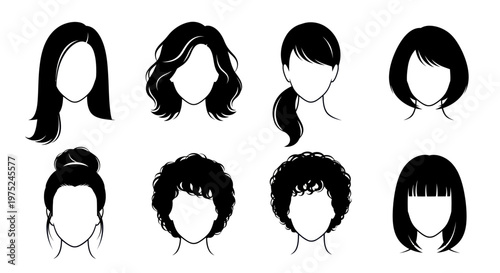 Diverse Women's Hairstyles Vector Set - Beauty Fashion Black  White Line Art Icons