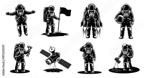 Black  White Astronauts and Space Exploration Elements Vector Illustration Set