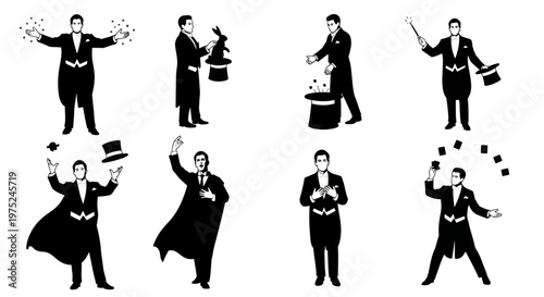 Entertainment Magician Performing Magic Tricks Black and White Silhouette Vector Set