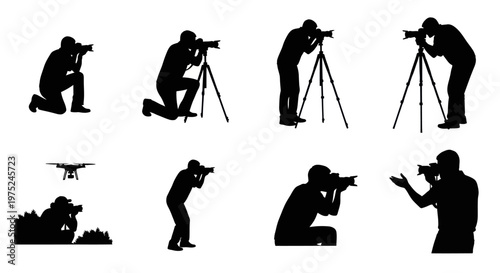 Photography  Media Photographers, Cameras, Tripods, Drone Black Silhouette Icon Set