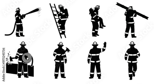Firefighting Firefighter Silhouette Glyph Icons Set. Emergency Rescue Service Action Poses Vector