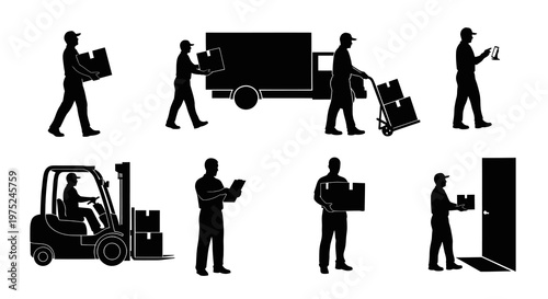 Logistics and Delivery Workers Silhouette Vector Set: Shipping, Warehouse, Transportation Icons