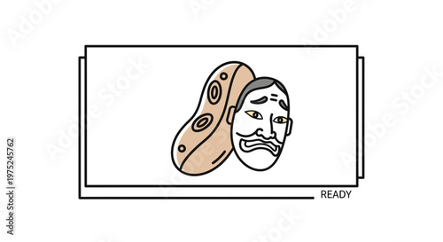 Japanese Noh Mask and Human Face Illustration