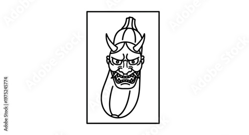Japanese Oni Mask Tattoo Design on Eggplant Shape