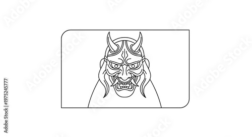 Japanese Oni Mask Outline Drawing, Traditional Demon Face, Scary Folklore Character