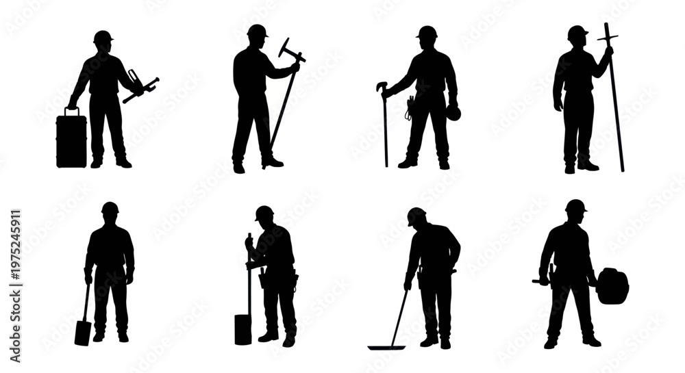 Naklejka premium Hard Hat Construction Workers Silhouettes with Tools - Black White Vector Set