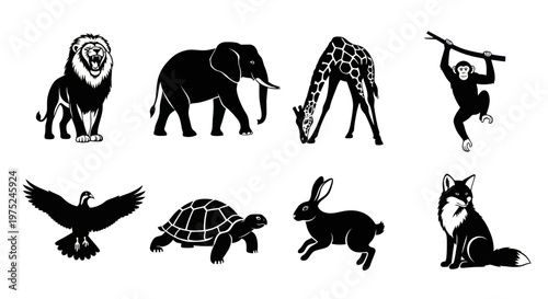 Wildlife Animals Black and White Silhouettes Set. Nature Vector Glyph Icons Collection.