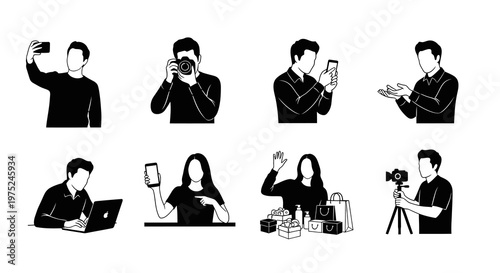 Content Creation, Social Media  E-commerce People with Devices Glyph Vector Icons Set
