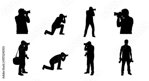 Professional Photographers Silhouettes with Cameras Vector Icons Set