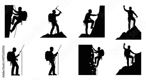 Set of Mountaineering Climbers Silhouettes Vector for Outdoor Adventure Sports