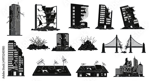 Disaster Damaged Buildings and Structures Glyph Silhouette Icons Set
