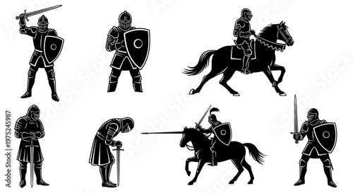 Medieval Knights and Warriors Black Silhouette Glyphs Collection - Fantasy Warfare