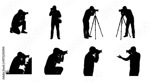 Photography Industry Photographers with Cameras Silhouette Vector Icons Set