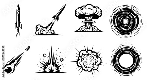 Military Explosions, Rockets, Missiles, Nuclear Bomb Black  White Line Art Icons