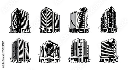 Black and White Line Art: Damaged Buildings, Ruined Skyscrapers - Urban Decay, Disaster Concept
