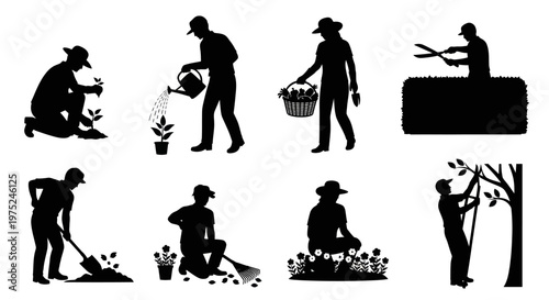 Gardening and Landscaping People Silhouettes Vector Set - Gardeners Working with Plants and Tools
