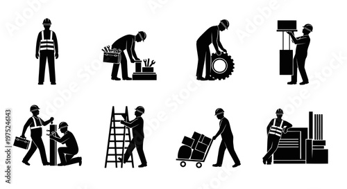 Industrial Workers Glyph Icon Set - Construction, Maintenance, Logistics Black Silhouettes