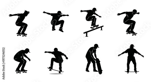 Skateboarding Silhouettes Set: Action Sports  Youth Recreation Vector Icons