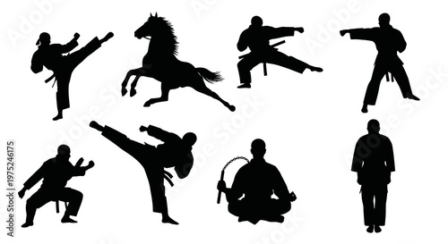 Martial Arts Fighters and Horse Black Silhouettes Vector Set for Sports