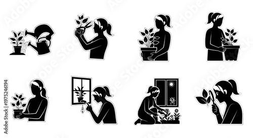 Gardening  Plant Care Activities: Black  White Silhouette Glyph Icons Set