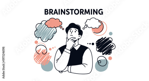 Hand-Drawn Brainstorming Vector Illustration: Man Thinking, Generating Creative Business Ideas