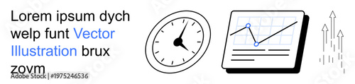 Business strategy, time tracking, growth potential, analytics, progress monitoring, corporate management. Clock and graph with rising arrows. Business strategy and time tracking concept