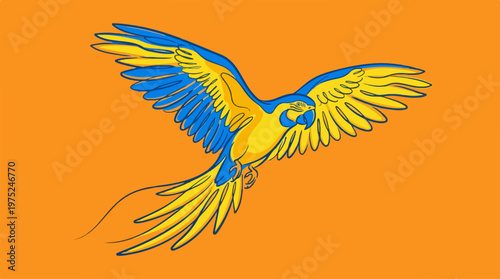 Vibrant Blue Yellow Parrot Flying.