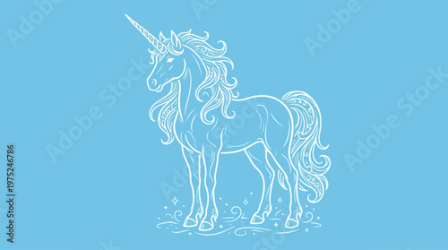 Unicorn Illustration on Blue Background.