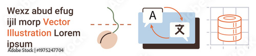 Language learning, translation services, database management, linguistic tools, data processing, global communication. Text, translation icons, language switch interface and database graphic
