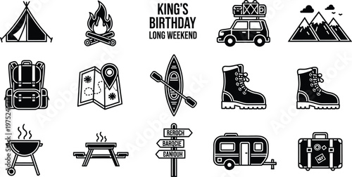 Kings birthday australia outdoor adventure camping icons for a long weekend getaway