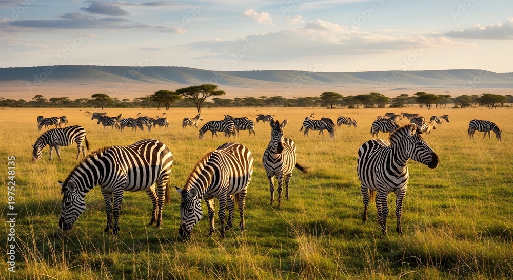 Fototapeta premium Zebras grazing peacefully on African savanna at sunset