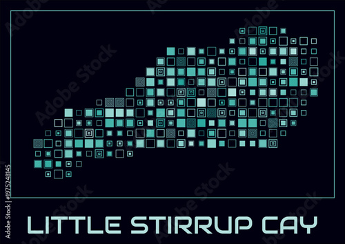 Little Stirrup Cay digital style map. Large square dots on dark background. Dotted shape of the island. Little Stirrup Cay map and title. Amazing vector illustration.