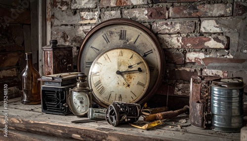 Antique clocks and objects on a weathered shelf against a brick wall, in dusty decay