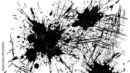 Dynamic black ink splatter abstract texture with bold splashes and blotches.