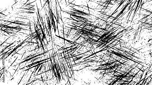 Abstract black and white scratchy texture with dense angular linear strokes and chaotic patterns.