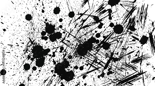 Abstract black ink splatter pattern with dynamic strokes and splashes.