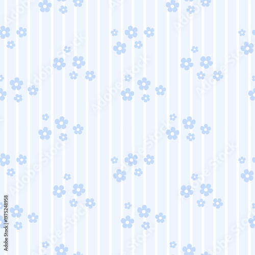 Blue Floral Seamless Pattern with Small Flowers and Vertical Stripes on Soft Pastel Background for Fabric Textile Design