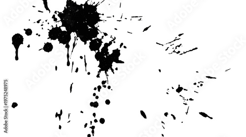 Abstract black ink splatter pattern on white background with scattered droplets and drips.