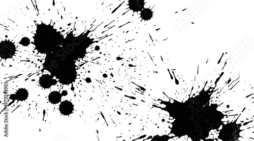Abstract black ink splatter on white canvas creating a bold graphic texture.