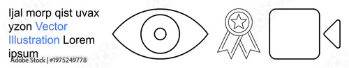 Surveillance, recognition, media production, achievement, data visualization, video content. Eye symbol, award ribbon and video camera icon. Surveillance and recognition
