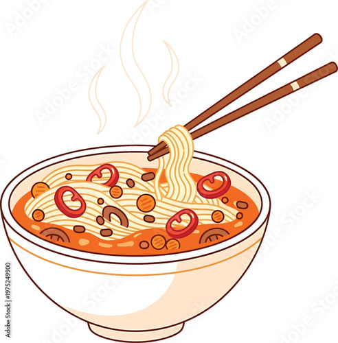 Steaming spicy ramen noodles with chopsticks in vibrant colorful illustration for food blog Transparent Background